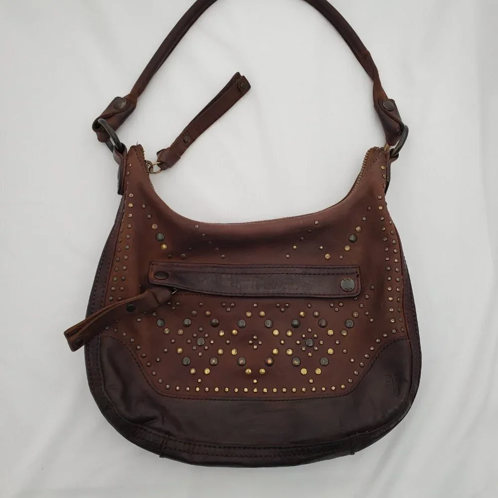 👜 FRYE Vintage Brown Leather Studded Hobo Shoulder Bag Boho
